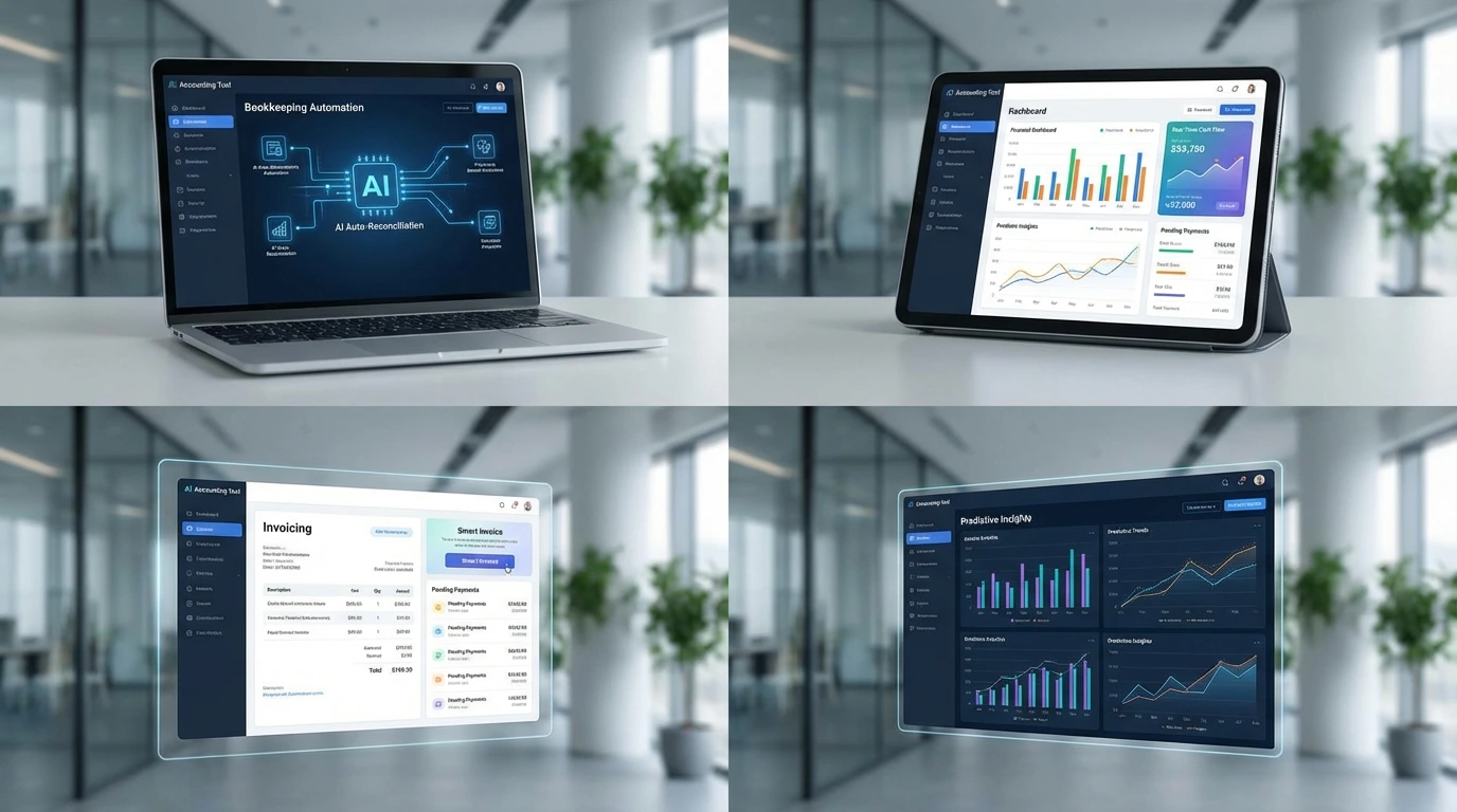 AI accounting software dashboards showing invoicing bookkeeping and financial analytics tools for businesses