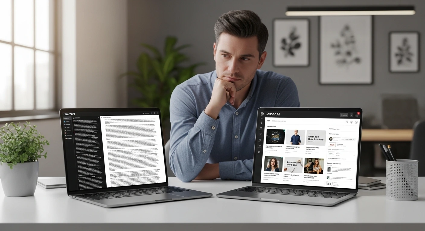 ChatGPT vs Jasper AI comparison showing two AI writing tools for business content creation