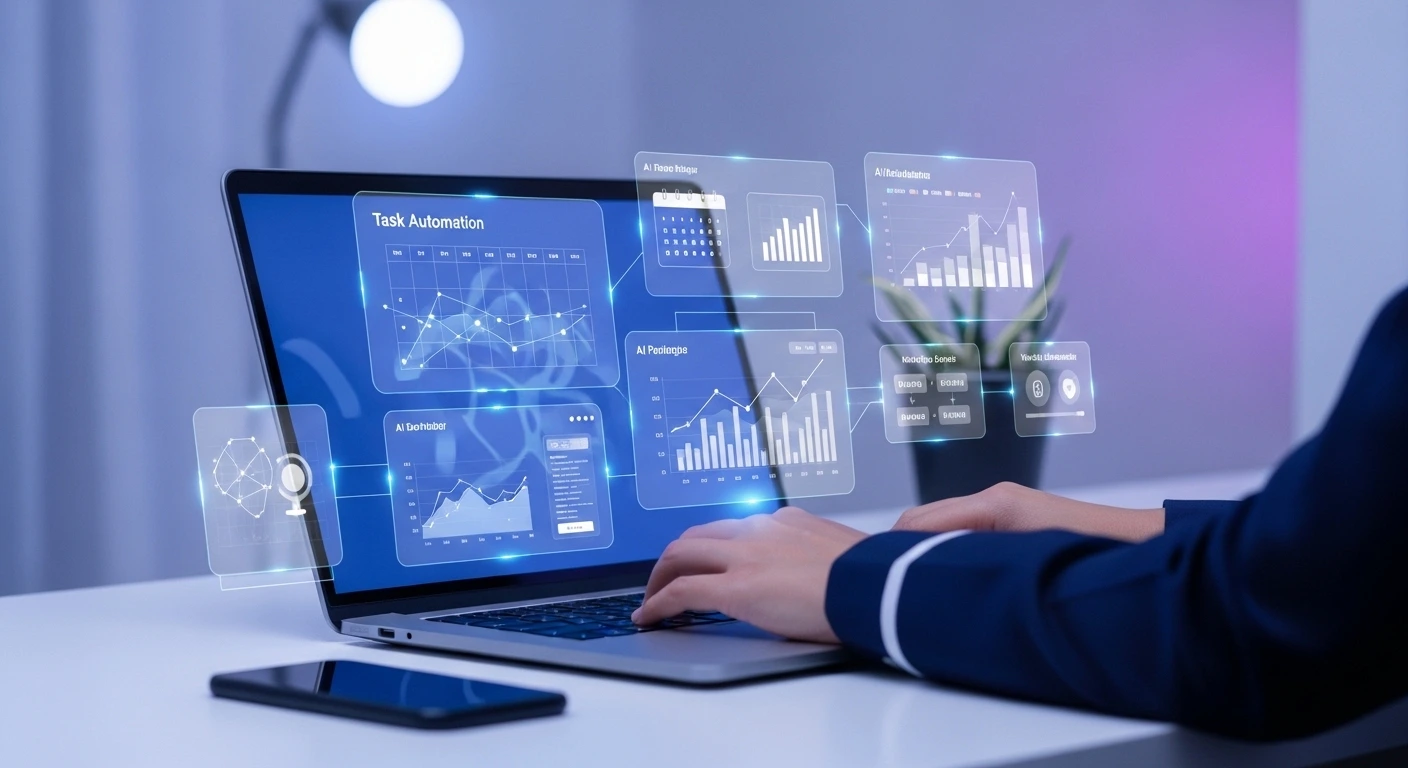 AI for business productivity showing automated workflows and time-saving tools on laptop dashboard