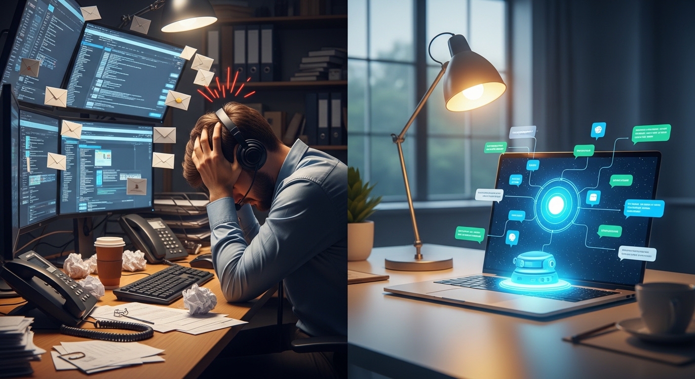 AI customer service tools automating customer support with chatbot and help desk dashboard