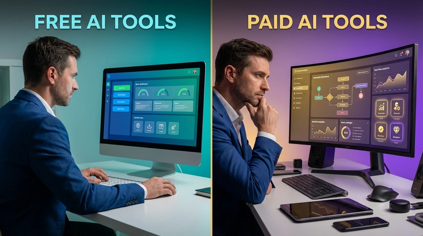 ree vs paid AI tools comparison showing basic and advanced business automation dashboards